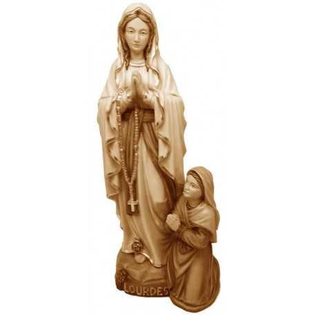 Madonna di Lourdes con Bernadette figura in legno - brunito 3 col.