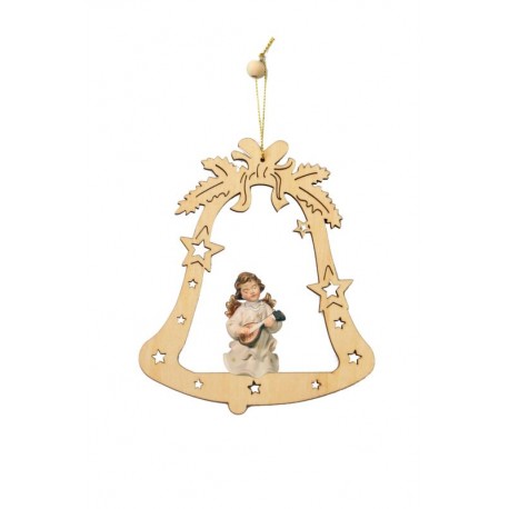Bell with angel - laser cut wood ornament - color