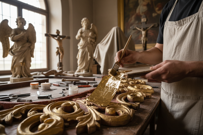 Artigiano restauratore applica foglia oro su statua lignea – restauro statue chiese e opere d’arte sacra, laboratorio specializzato Val Gardena Dolfi