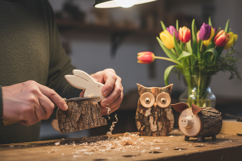 Artigiano di Ortisei intaglio del legno a mano – sculture animali in legno Dolfi Val Gardena, coniglio pasquale, gufo e maialino artigianali