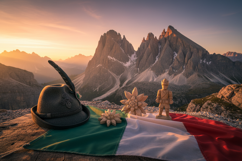 Dolomites au coucher du soleil avec une lumière dorée, le chapeau alpin avec une plume noire et des références au tricolore italien