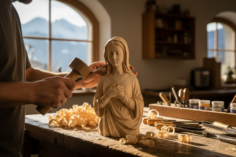Mani di un artigiano che intagliano una Madonna in legno | DOLFI Val Gardena