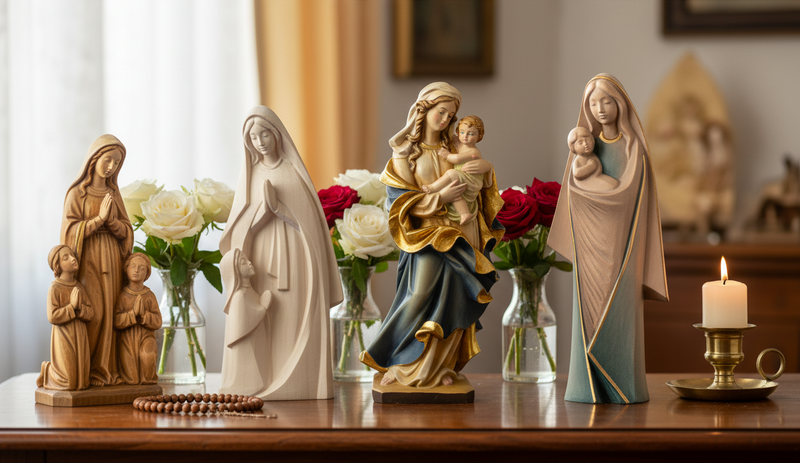 Statue della Madonna in legno scolpite a mano – Fatima, Lourdes, Medjugorje, artigianato Val Gardena Dolfi, sculture sacre Made in Italy