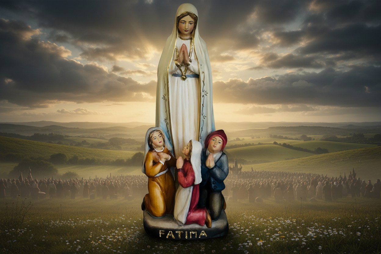 La scena dell'apparizione di Fatima in un'unica opera: la Madonna in vesti bianche e oro, Lucia, Francisco e Jacinta inginocchiati ai suoi piedi in preghiera. 