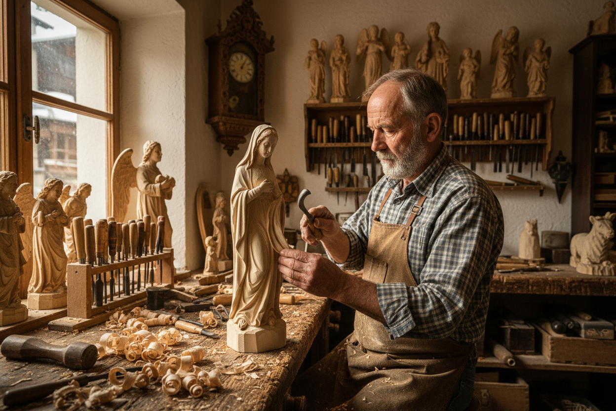 Maître artisan DOLFI sculptant une œuvre en bois dans l'atelier du Val Gardena