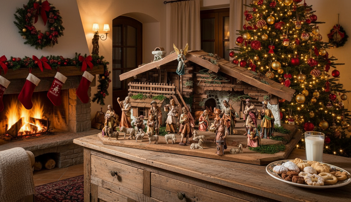 Crèche artisanale en bois Raffaello Dolfi dans le salon avec cheminée et sapin de Noël – crèches complètes et modulables Val Gardena, artisanat italien