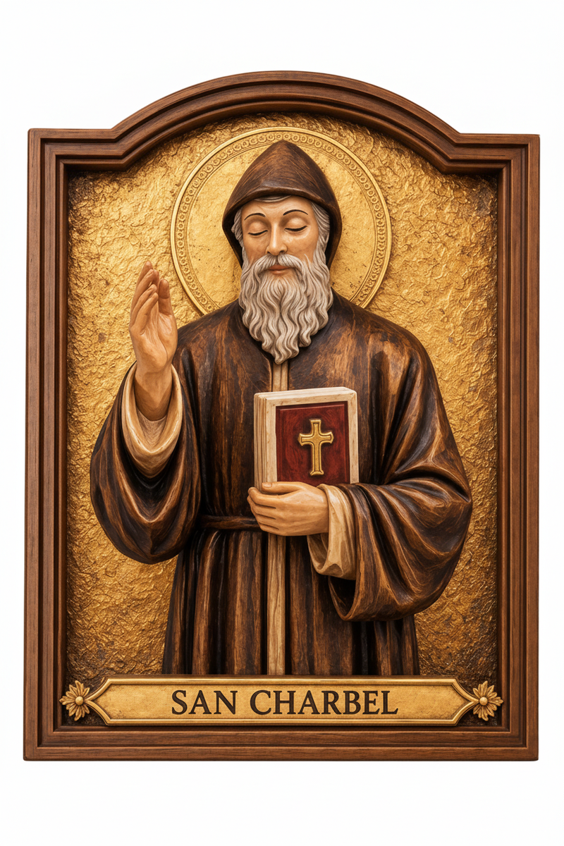 Statua San Charbel Makhlouf in legno scolpita a mano Val Gardena Dolfi – bassorilievo dorato