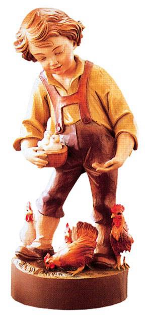 Minisculpture Jeune fermier en bois avec poules