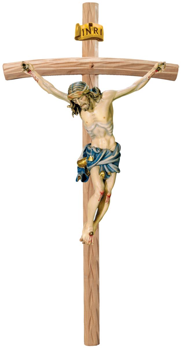 Christus Körper auf gebogenen hellen Balken - Blaues Tuch