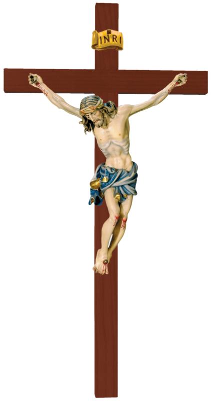 Christuskörper auf geradem Kreuz - Blaues Tuch