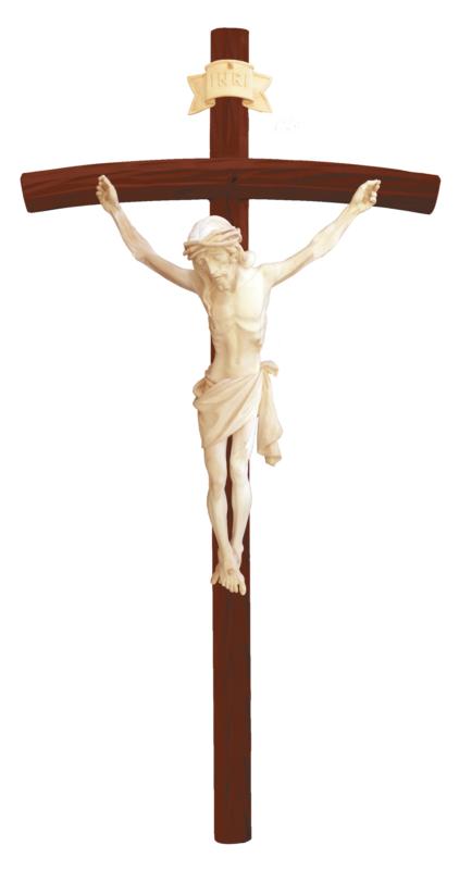 Holzkreuz mit Korpus auf gebogenen dunklen Balken - Natur