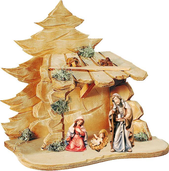 Crèche avec Sainte Famille et cabane en bois