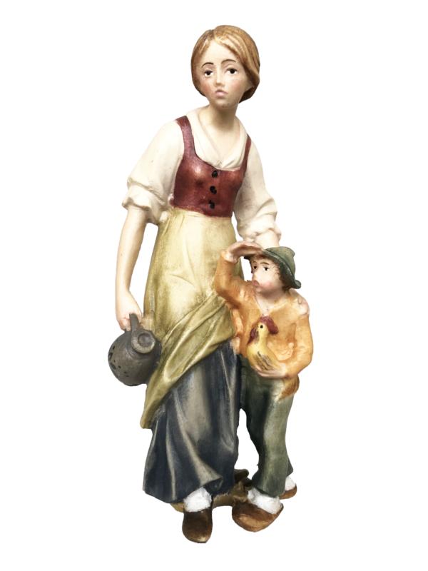 Hirtin mit Buben aus Holz - mit Ölfarben lasiert