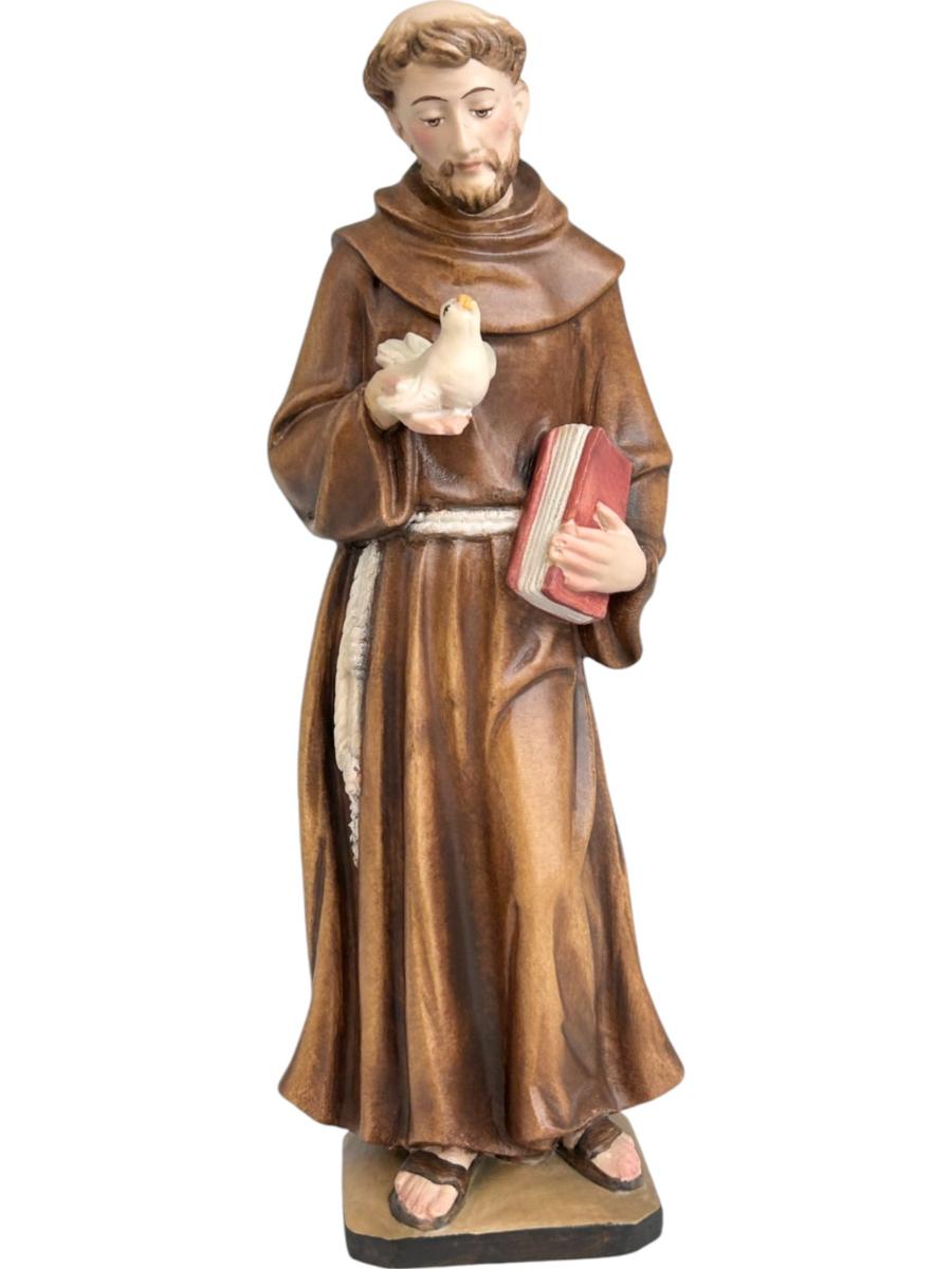 Heiliger Franziskus von Assisi mit Taube aus Holz - mit Ölfarben lasiert