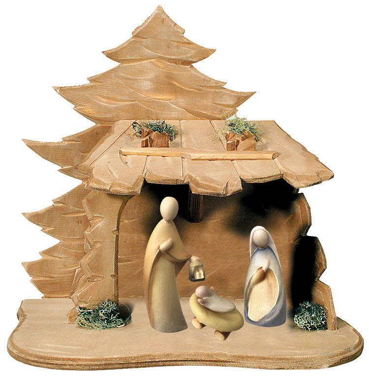 Crèche de la Sainte Famille en bois avec cabane