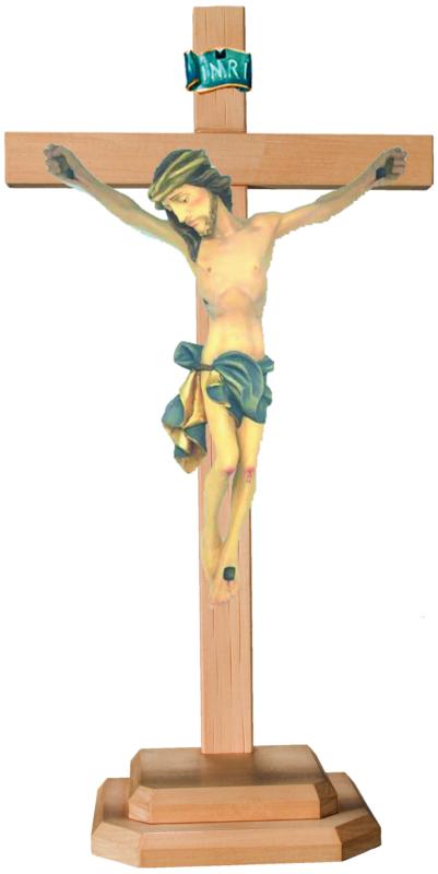 Barockes Standkreuz mit Christuskorpus aus Lindenholz - Blaues Tuch