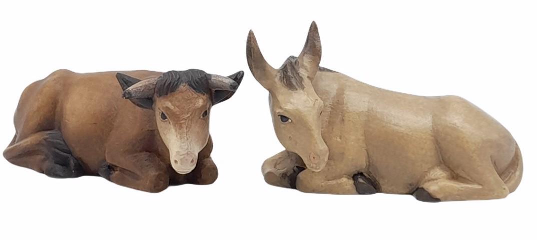 Geschnitzter Ochse und Esel aus Holz im Set