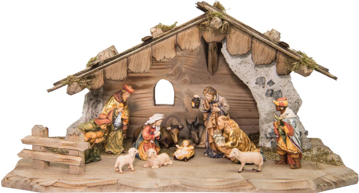 Crèche avec 12 personnages et cabane en bois