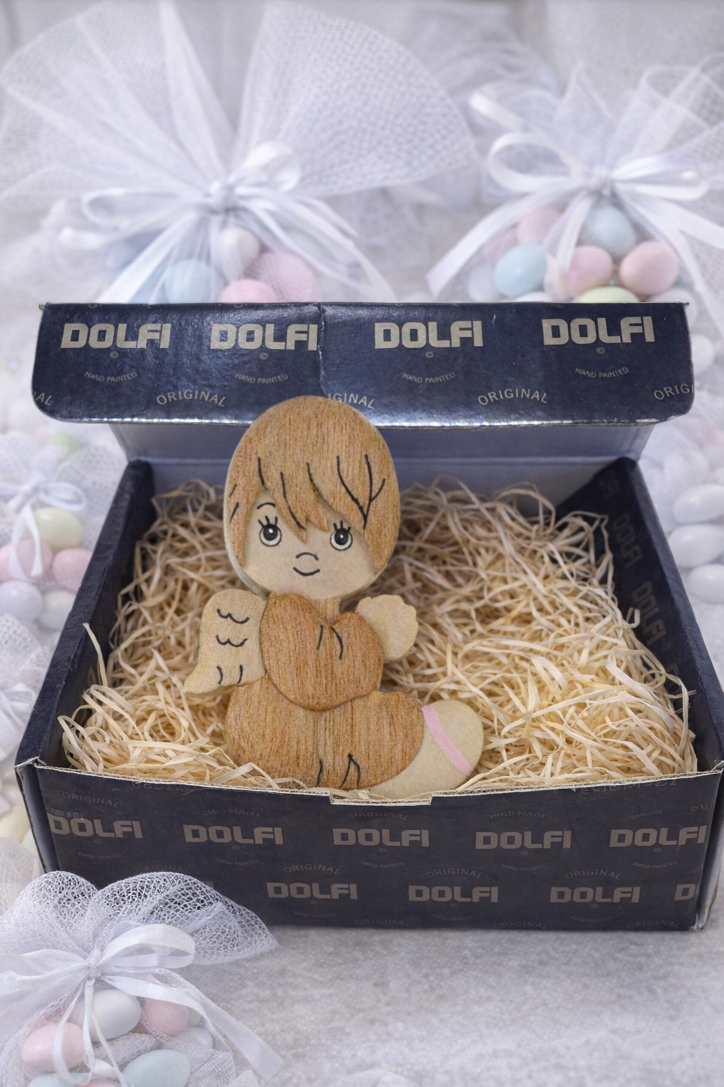 Bombonnière ange fillette en bois – sculpture artisanale Dolfi Val Gardena  