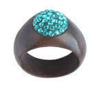 Anello Fascia Larga in Legno di Noce con Cristalli Swarovski Turchesi