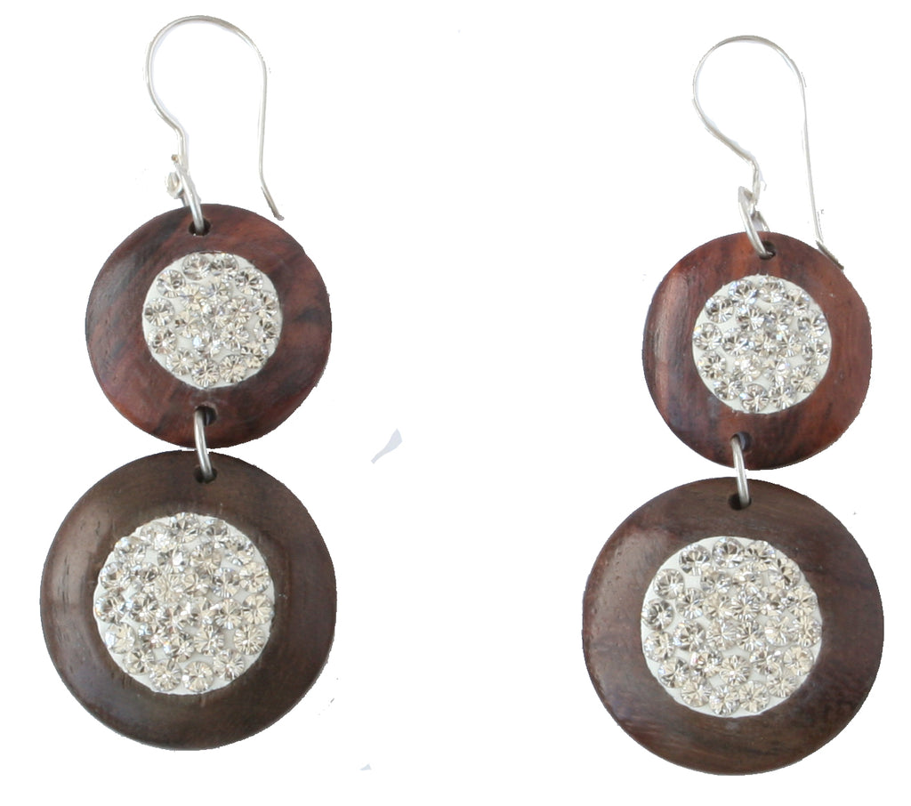 Boucles d'Oreilles Pendantes Artisanales en Bois Foncé et Cristaux Swarovski