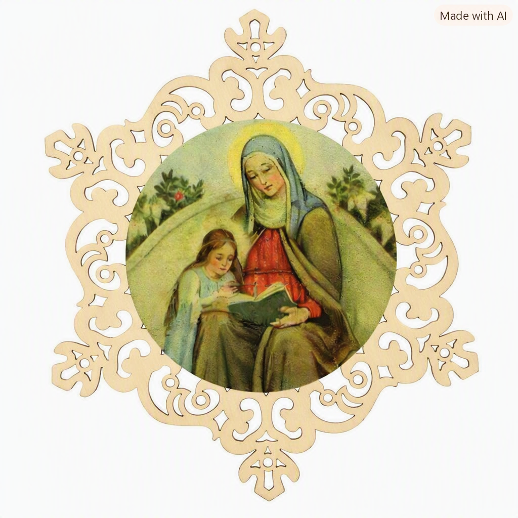 Devotional Plaque of Saint Anne and Infant Mary in Carved Wood - Val Gardena