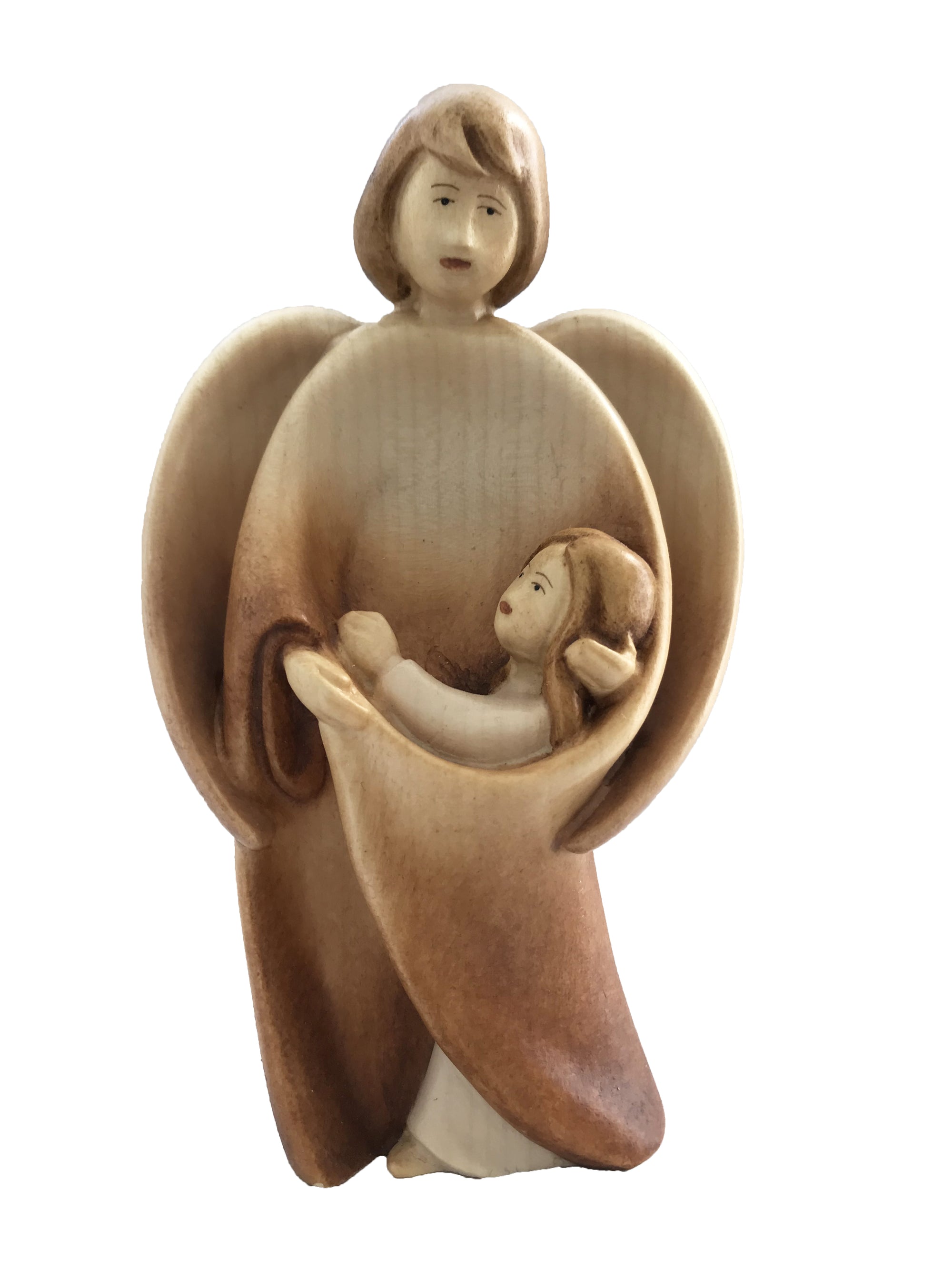 Ange gardien avec enfant en bois