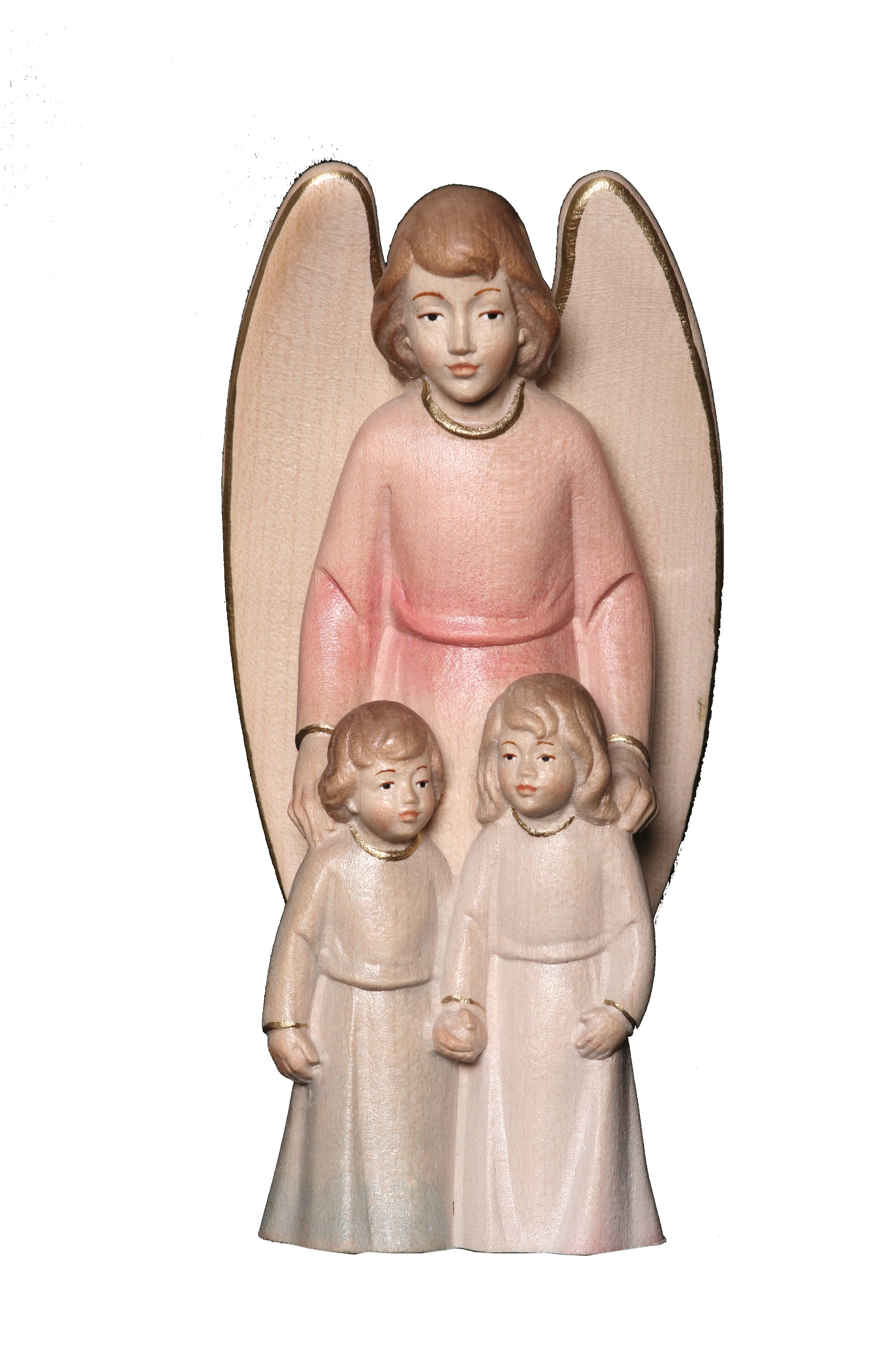 Ange gardien avec enfant sculpté en bois d'érable