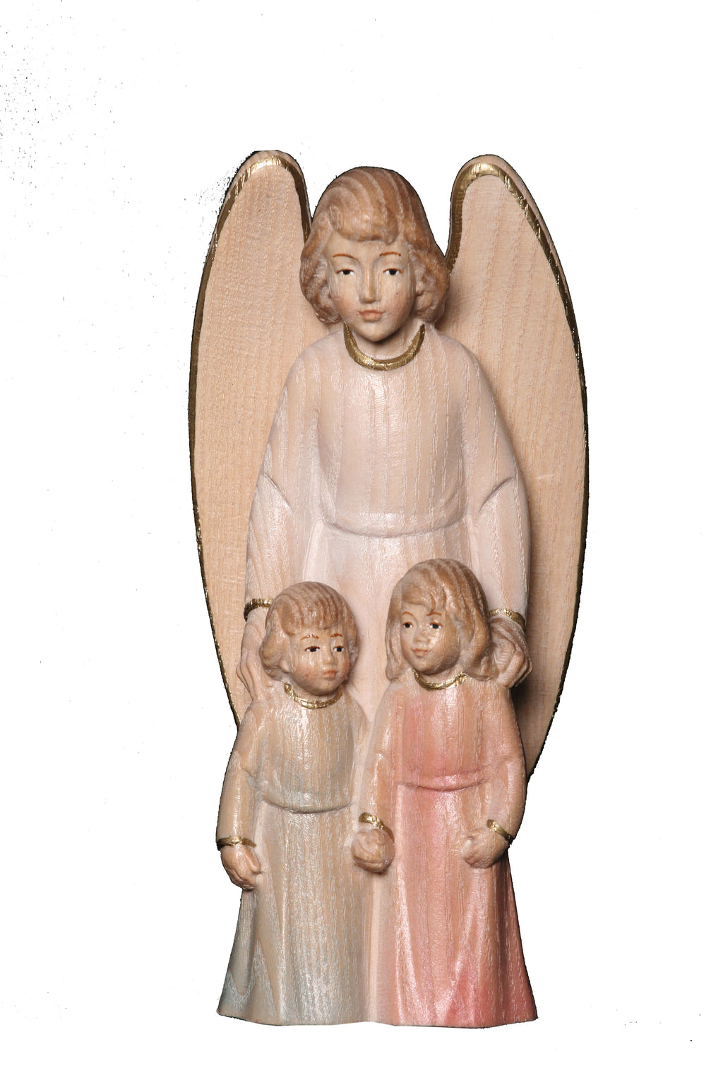 Ange gardien avec enfant sculpté en bois d'érable