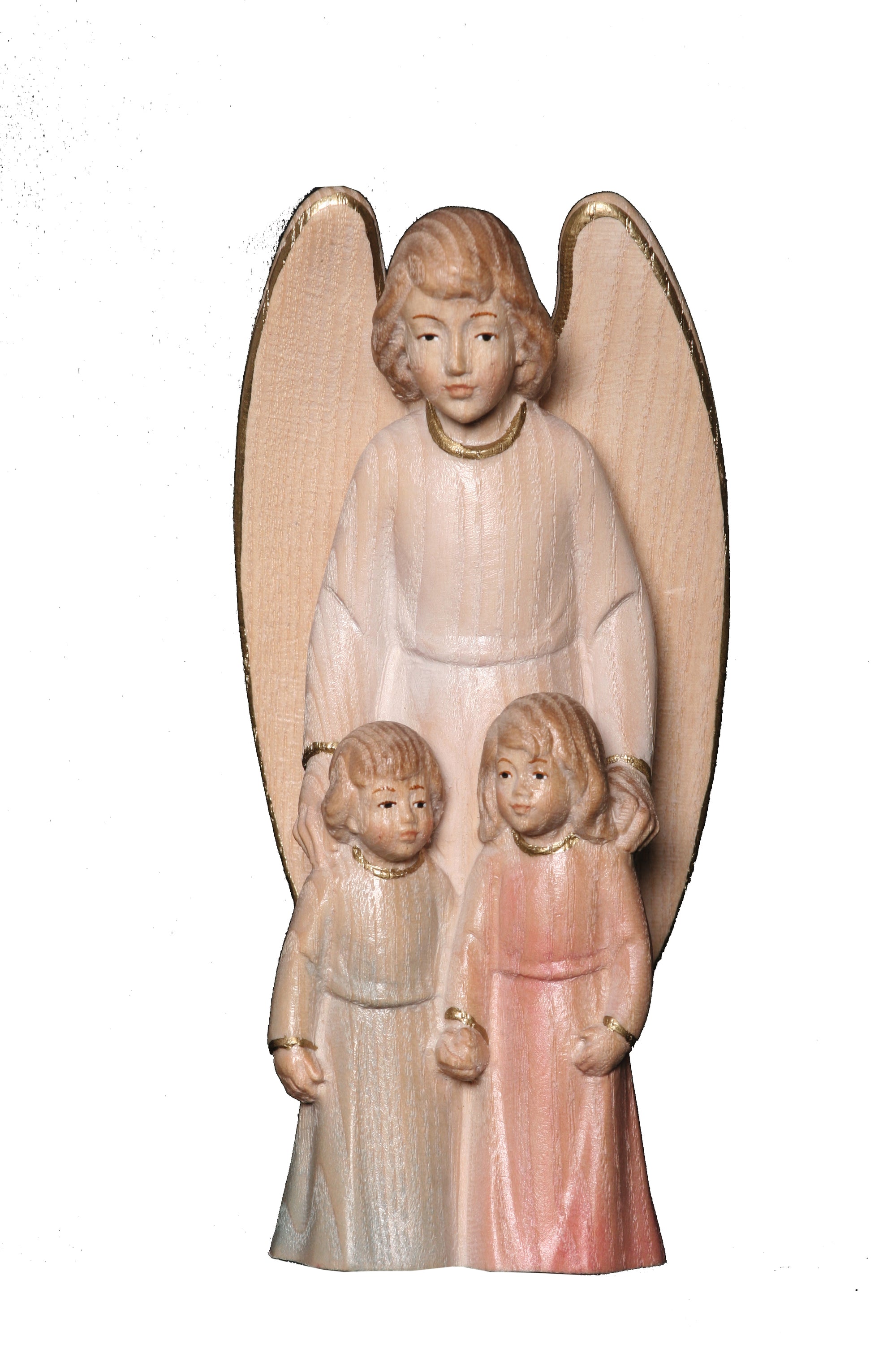 Ange gardien avec enfant sculpté en bois d'érable