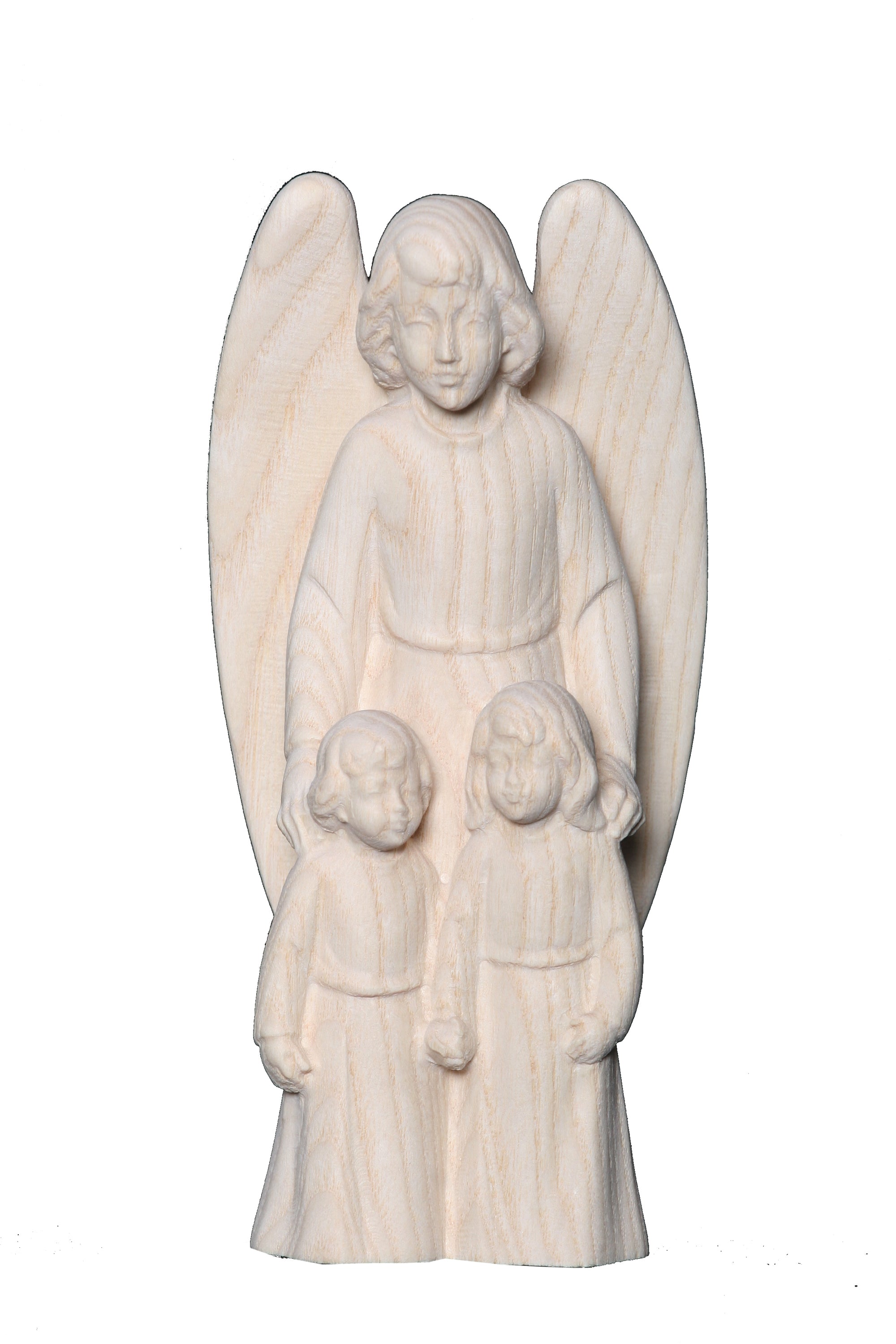 Ange gardien avec enfant sculpté en bois d'érable
