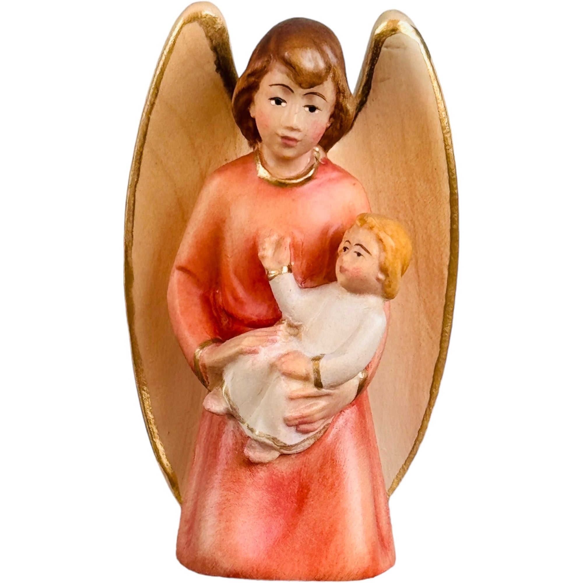 Ange gardien avec enfant en bois