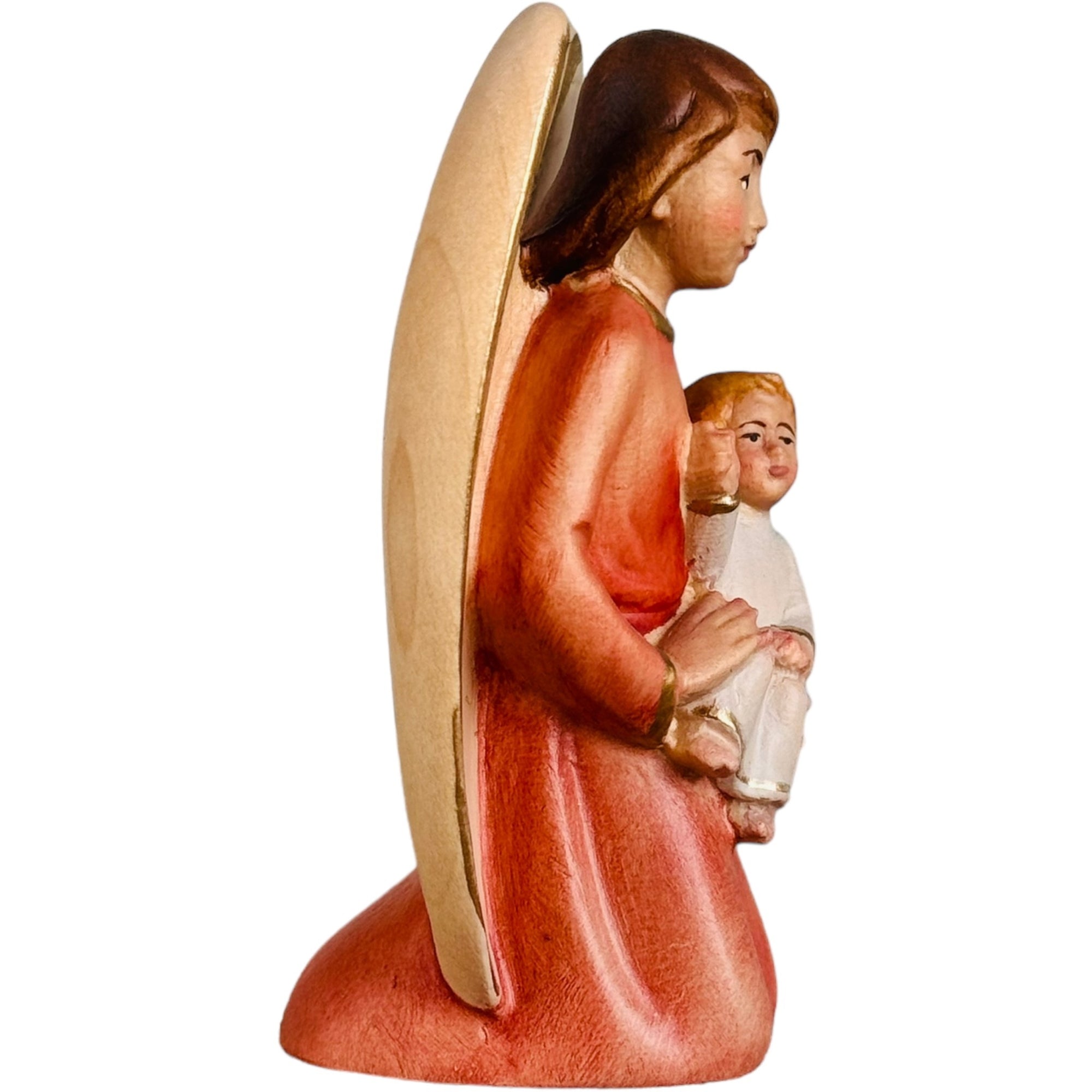 Ange gardien avec enfant en bois