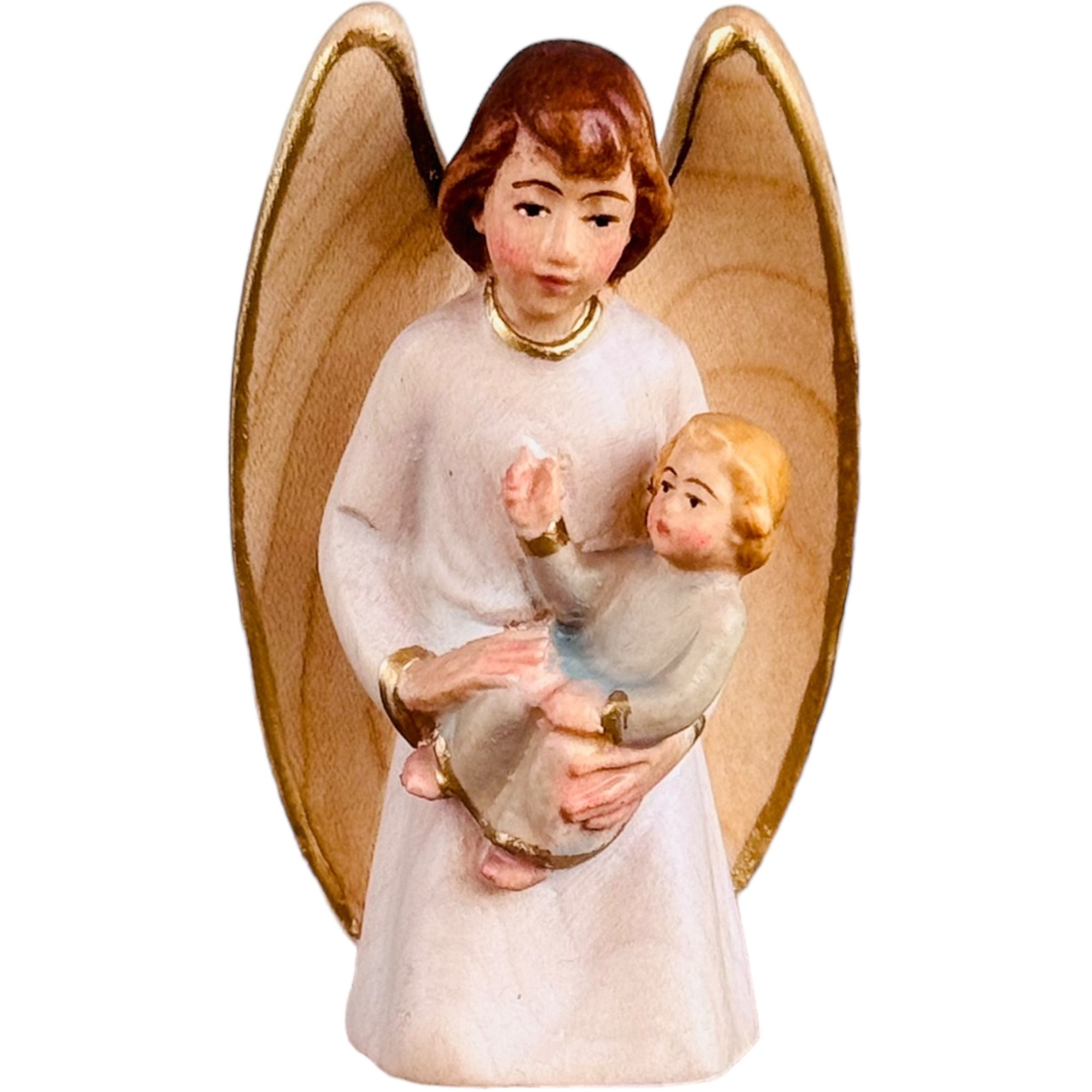 Ange gardien avec enfant en bois
