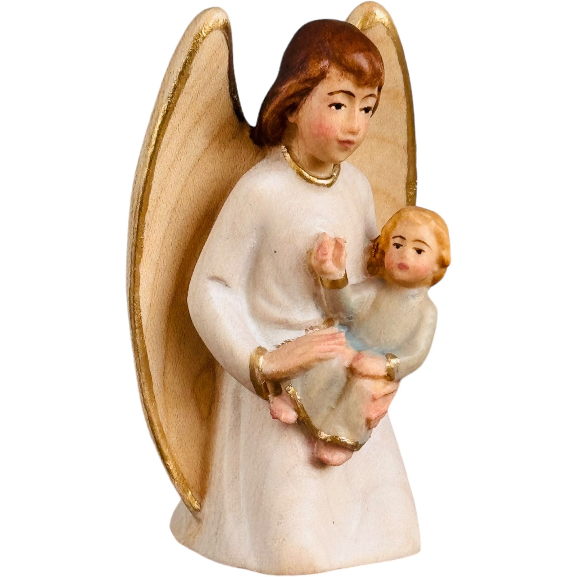 Ange gardien avec enfant en bois
