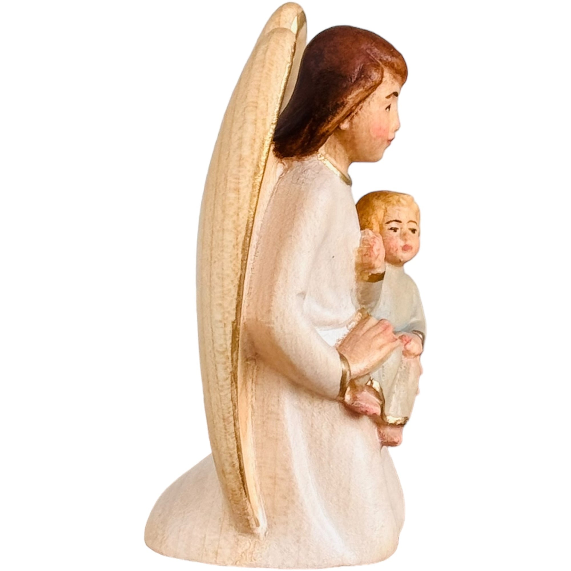Ange gardien avec enfant en bois