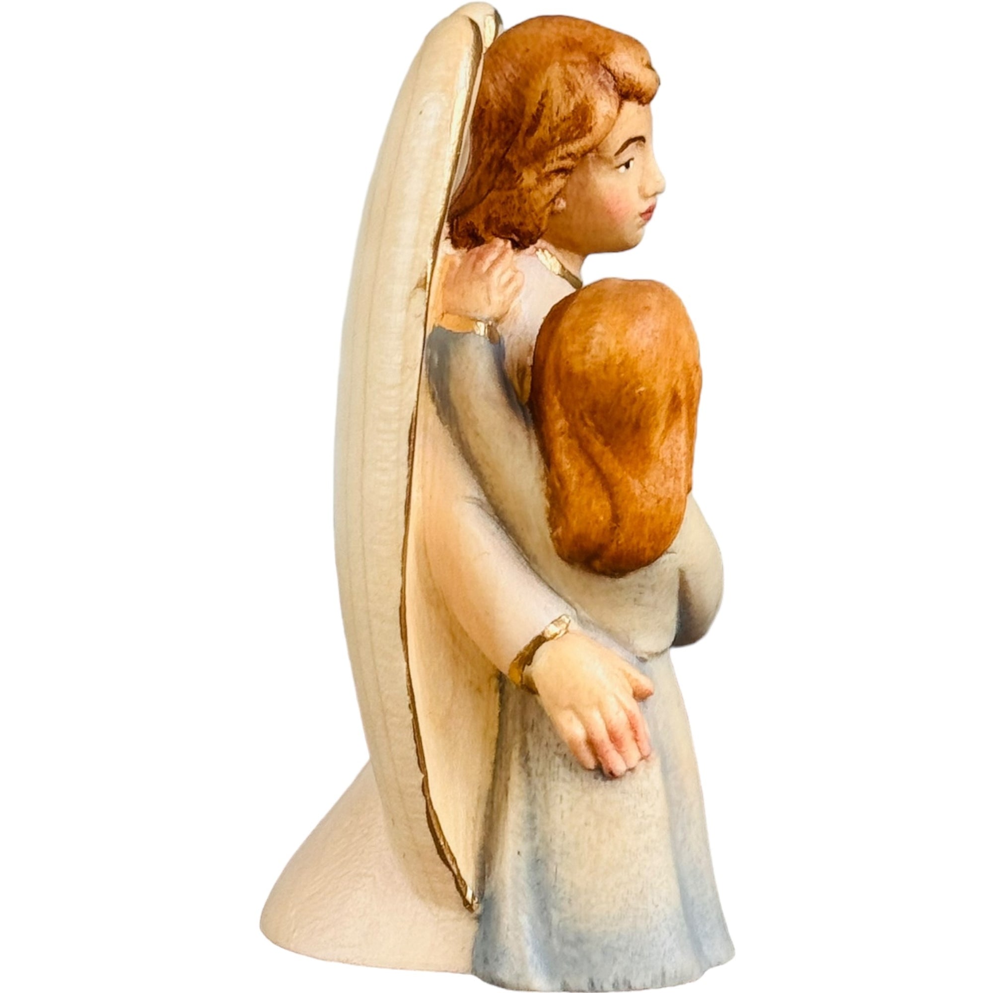 Scultura Angelo Custode con Bimba in Legno d'Acero della Val Gardena