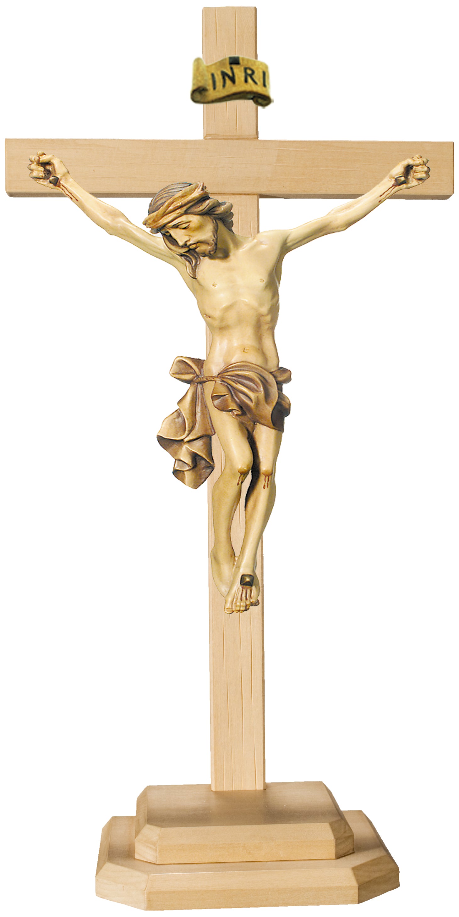 Barockes Standkreuz mit Christuskorpus aus Lindenholz - Blaues Tuch
