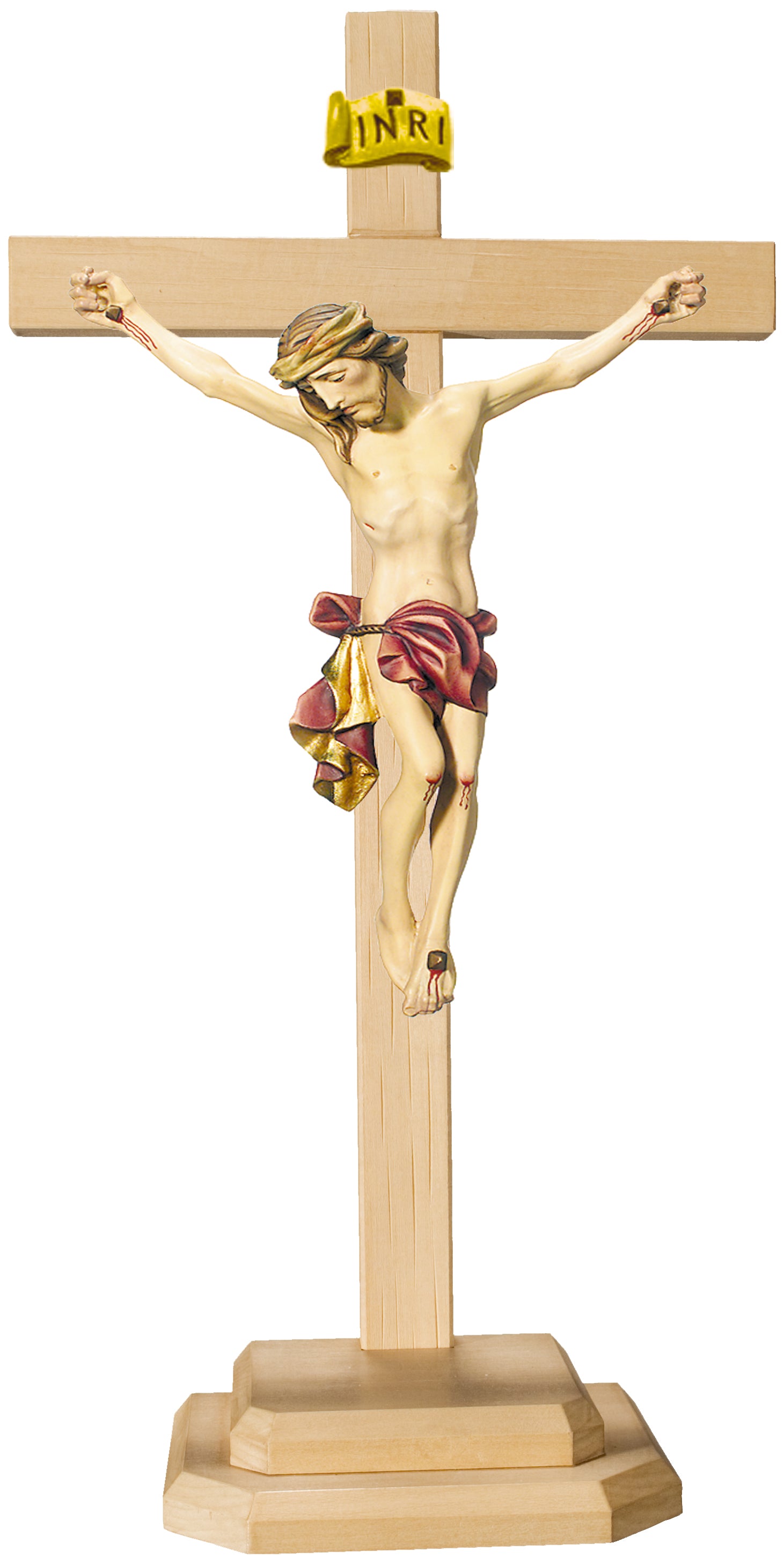 Barockes Standkreuz mit Christuskorpus aus Lindenholz - Blaues Tuch