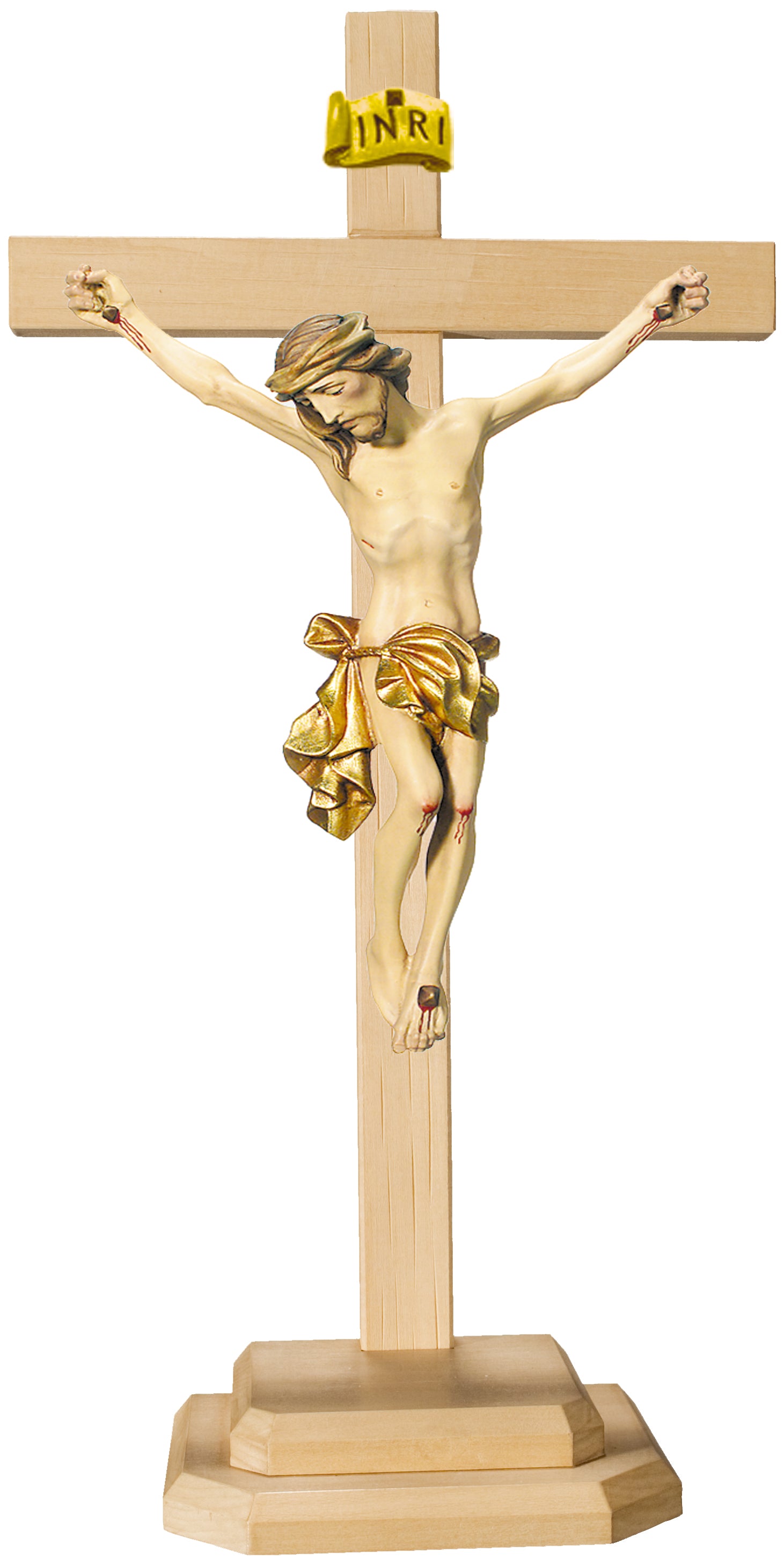 Barockes Standkreuz mit Christuskorpus aus Lindenholz - Blaues Tuch