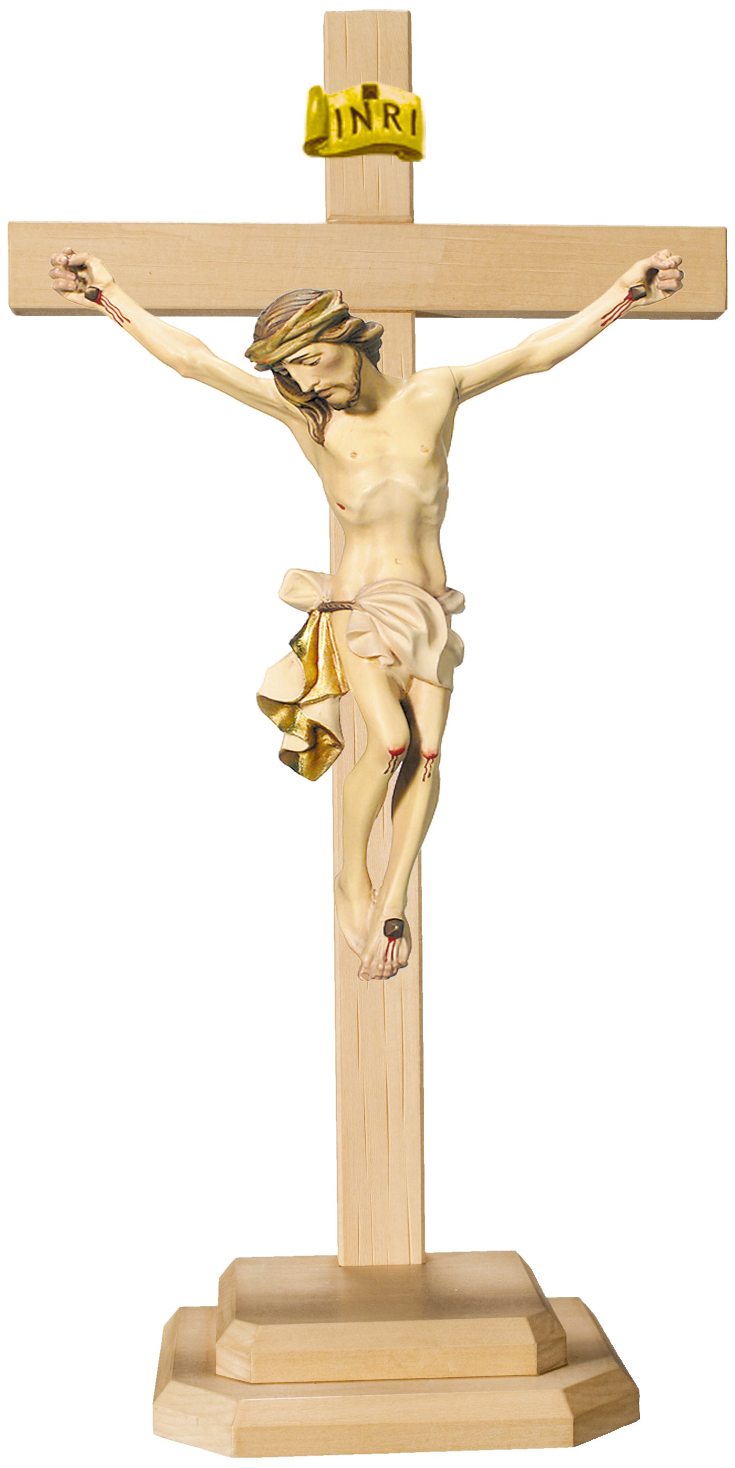 Barockes Standkreuz mit Christuskorpus aus Lindenholz - Blaues Tuch