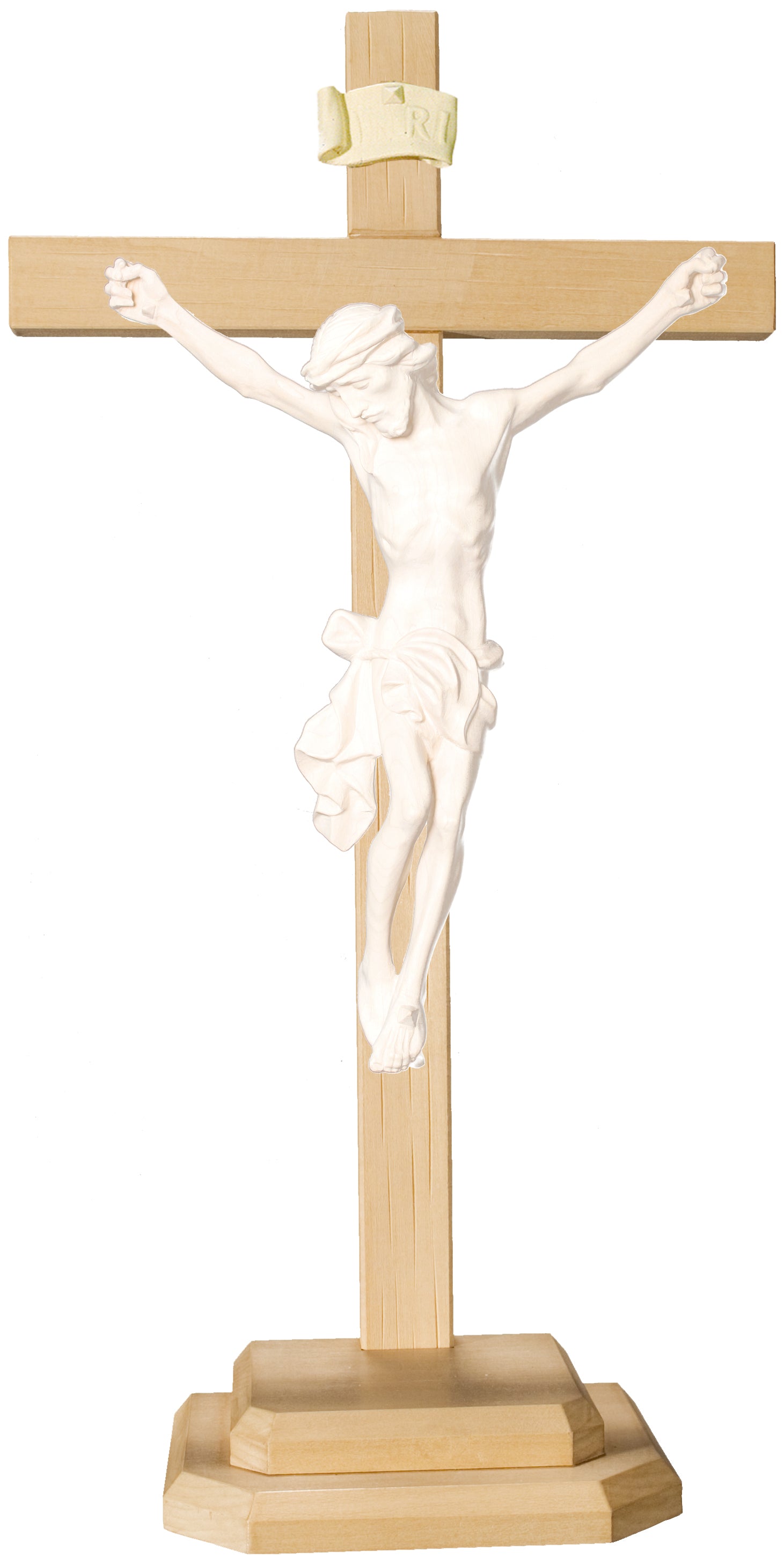 Barockes Standkreuz mit Christuskorpus aus Lindenholz - Blaues Tuch