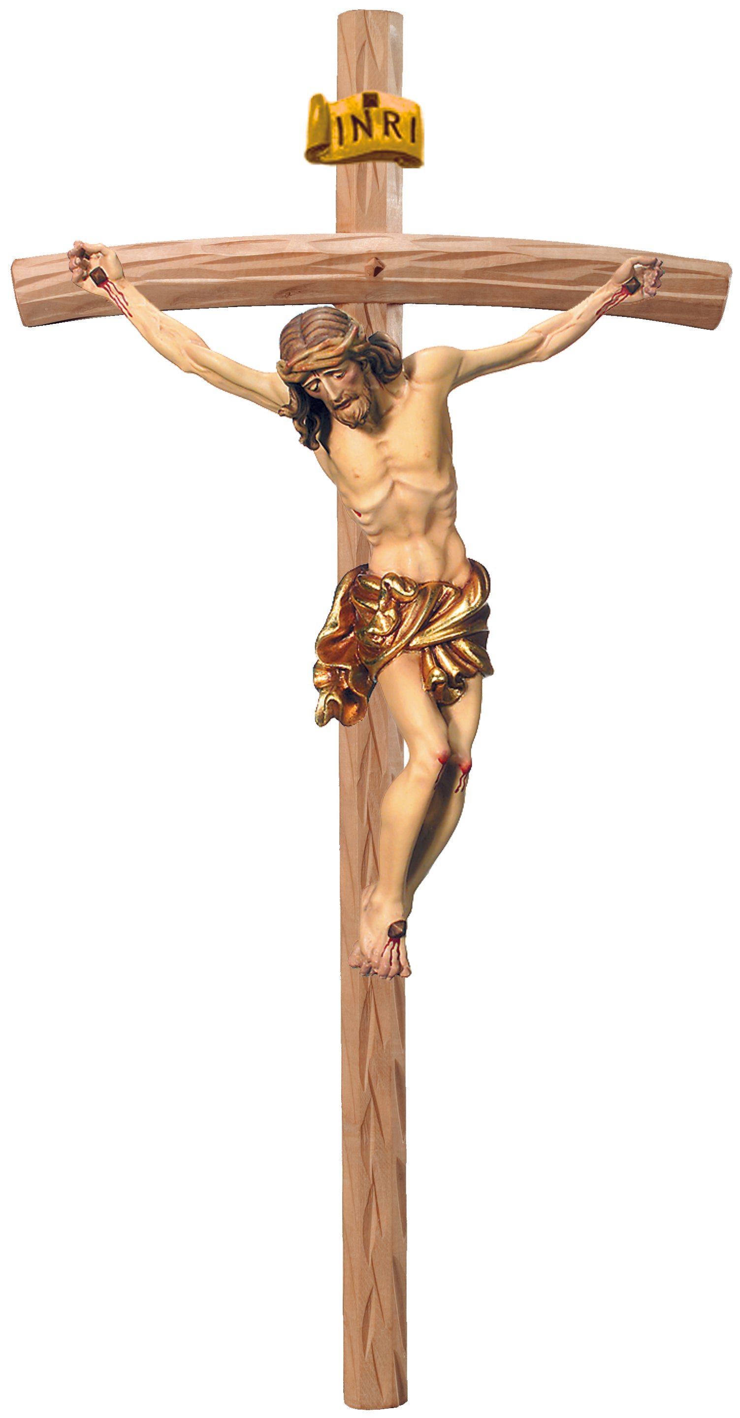 Christus Körper auf gebogenen hellen Balken - Blaues Tuch