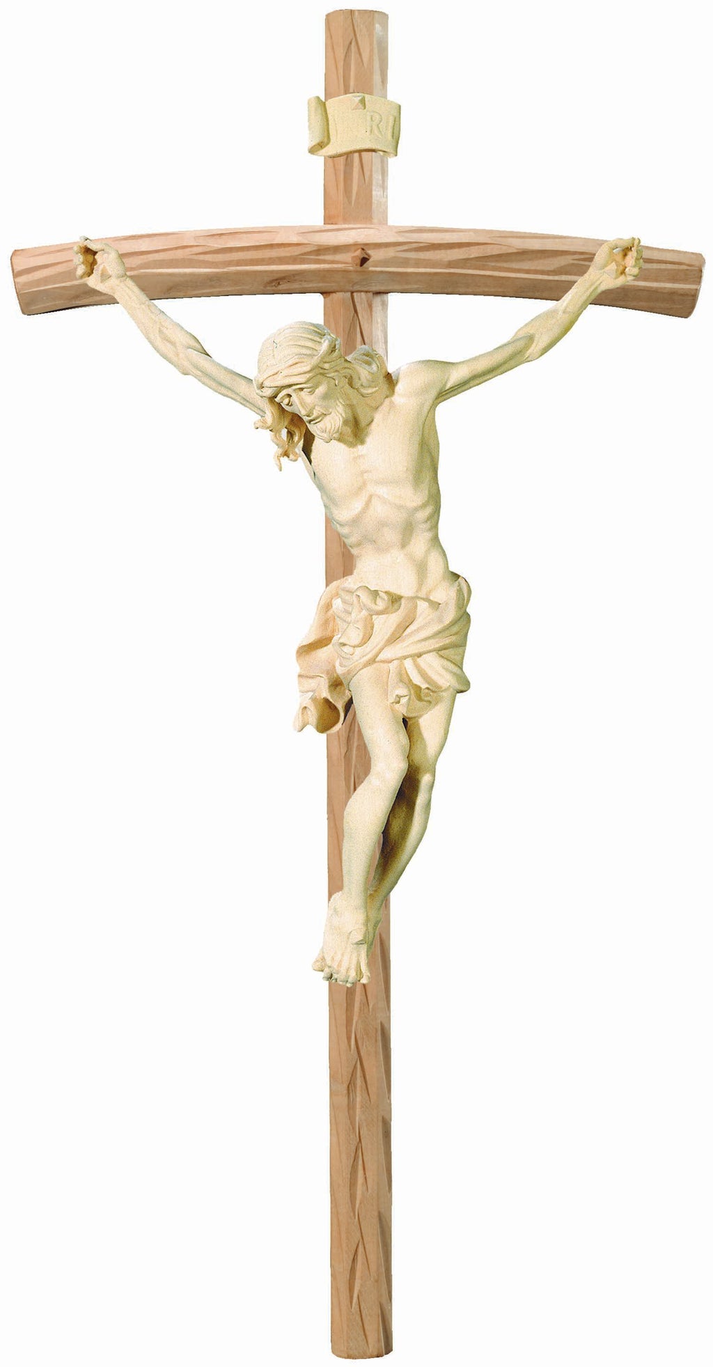 Christus Körper auf gebogenen hellen Balken - Blaues Tuch