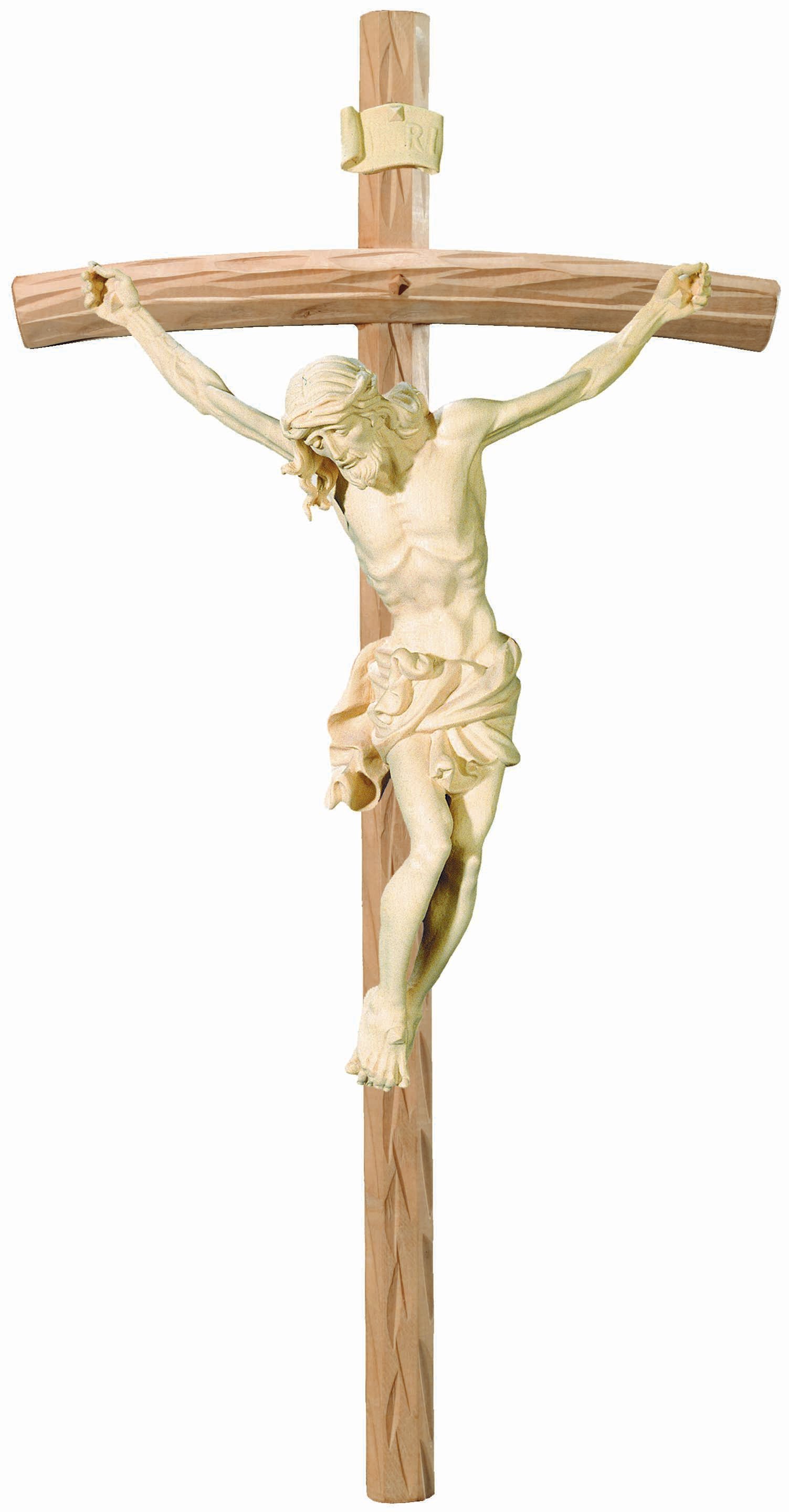 Christus Körper auf gebogenen hellen Balken - Blaues Tuch
