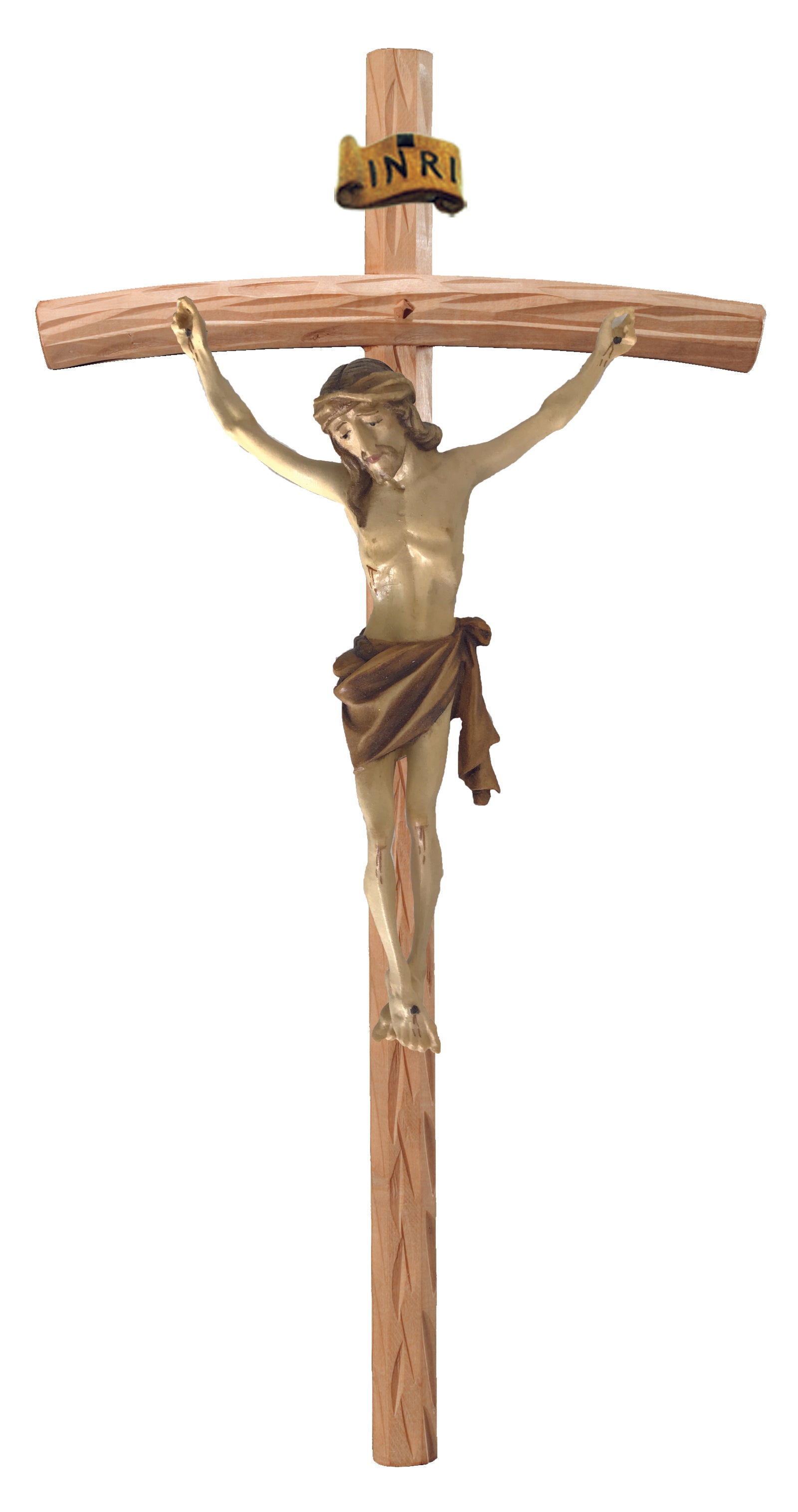 Christuskörper aus Holz auf gebogenen hellen Balken - Blaues Tuch