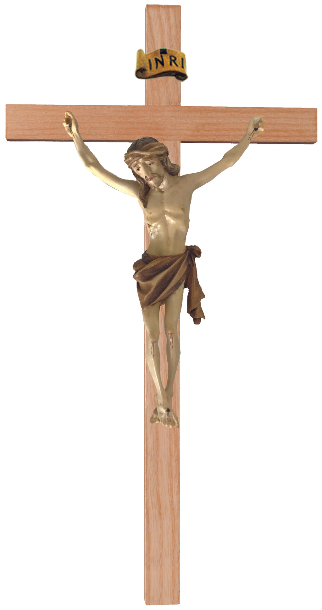 Kruzifix auf geradem Kreuz aus hellem Holz - Blaues Tuch