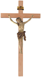 Kruzifix auf geradem Kreuz aus hellem Holz - Blaues Tuch