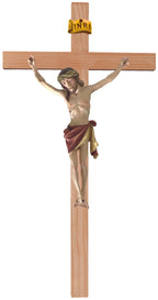 Kruzifix auf geradem Kreuz aus hellem Holz - Blaues Tuch