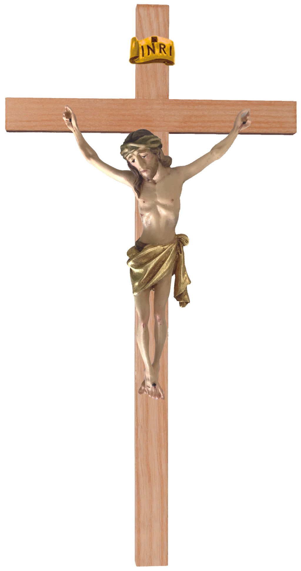 Kruzifix auf geradem Kreuz aus hellem Holz - Blaues Tuch
